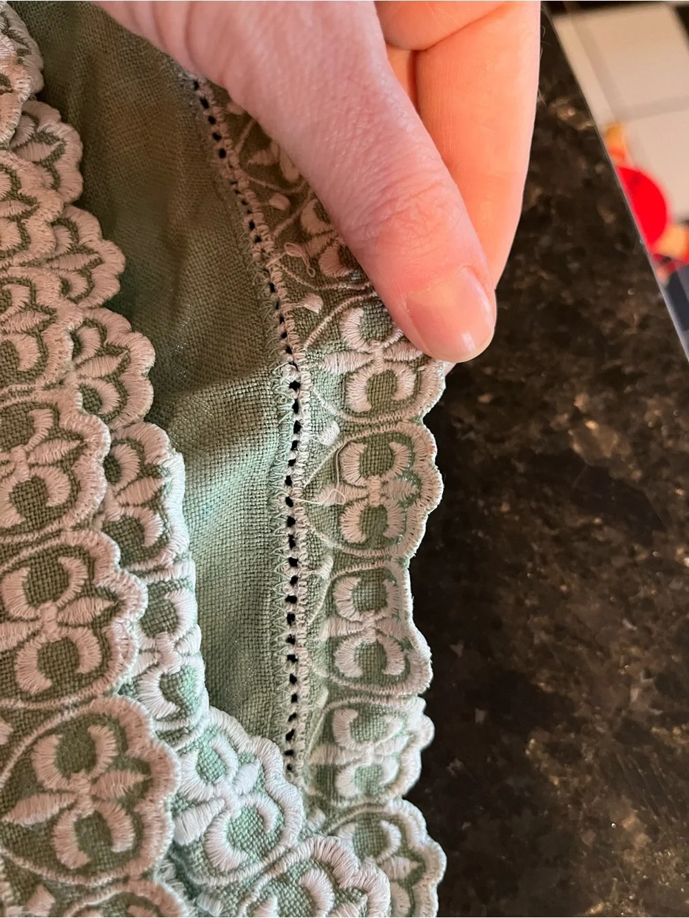 Vintage Sage Green tablecloth with Lace Trim